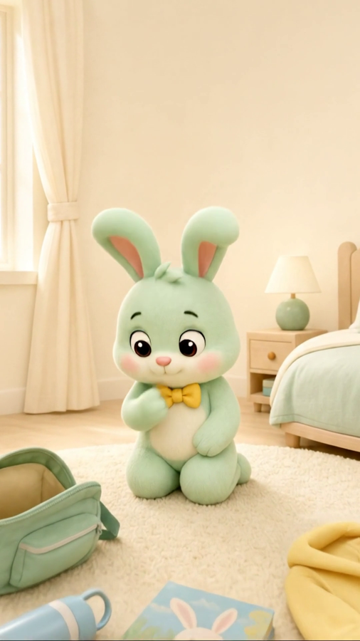 Pip the rabbit in a softly lit bedroom scene