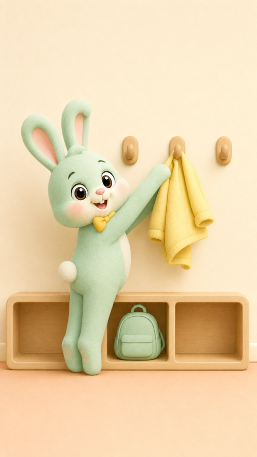 Pip reaching for a coat hook in a preschool cubby
