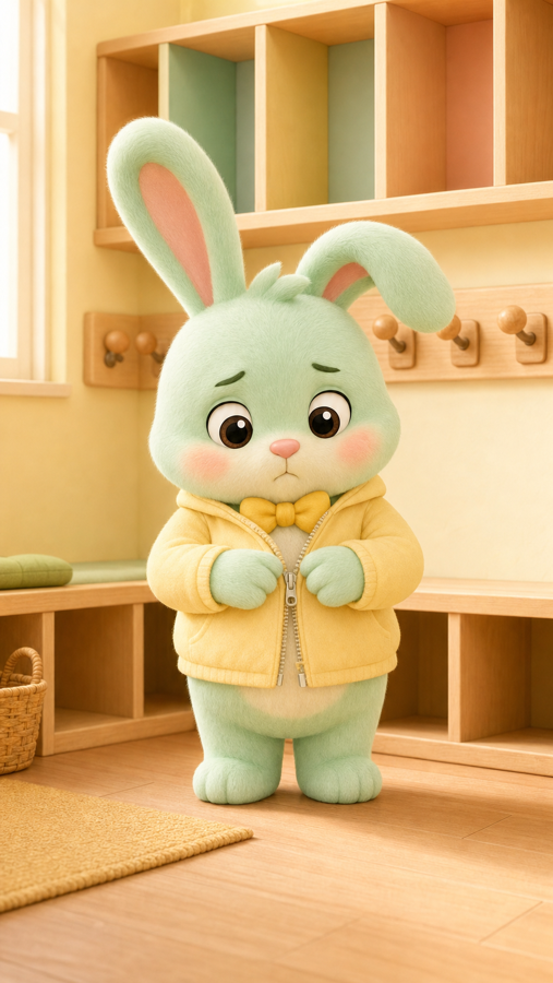 Pip waving in a doorway with a backpack